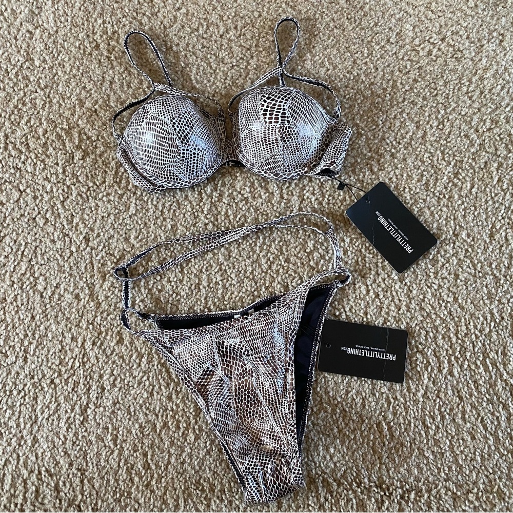 NWT PRETTYLITTLETHING BROWN METALLIC SNAKE PADDED BIKINI